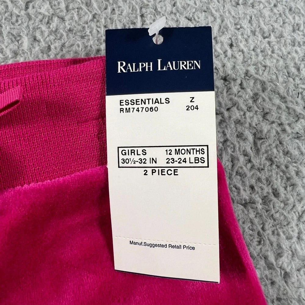 Ralph Lauren Tracksuit Girls 12M Pink Velour Zip Hoodie and Pants Set Vintage